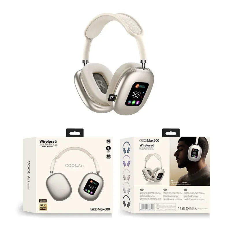 Wireless Headphone AKZ MAX600 Noise Cancelling Headphones Can Use Memory Card Hybrid With Touch Control LED Screen Vue Gold