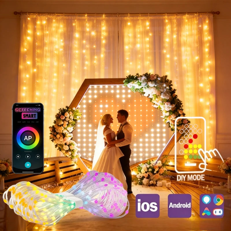 400LEDs Smart Curtain Lights, Bluetooth App RGB Fairy String Lights, DIY Music Sync LED Lights for Window Bedroom Decoration Vue