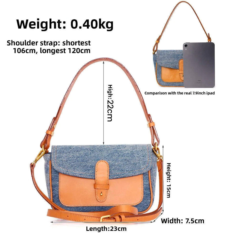 New Fashionable Women's Messenger Bag Denim Splicing Vegetable Tanned Leather Underarm Bag Women's Bag Retro Simple Casual Bag Vue