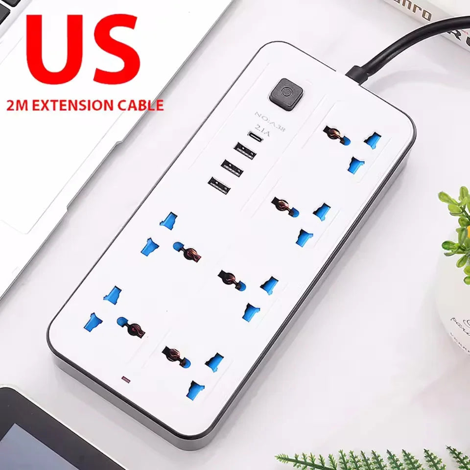 Multi Ports Power Socket Universal Plug EU US UK Power Strip Charger With Extension Cable Type C USB Charger Electrical Socket Vue White US