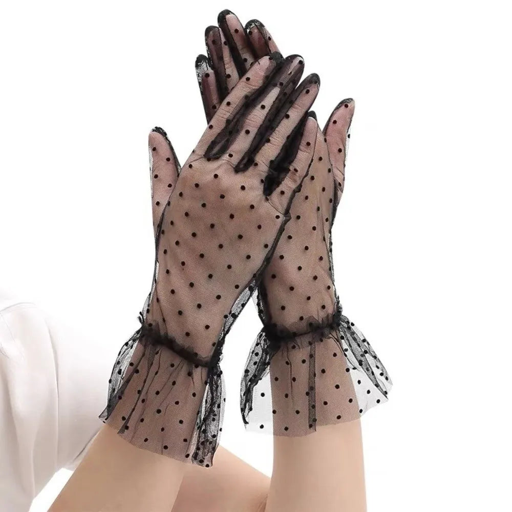 Fashion Ultra Thin Tulle Polka Dot Gloves Full Finger Breathable Lace