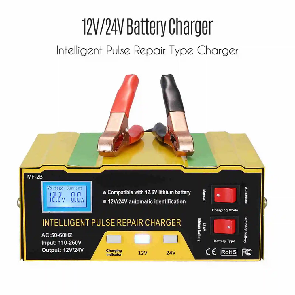 12V/24V Battery Charger Intelligent Pulse Repair Type Charger with Digital Display for Car Cell Motorcycle Battery US Plug Vue