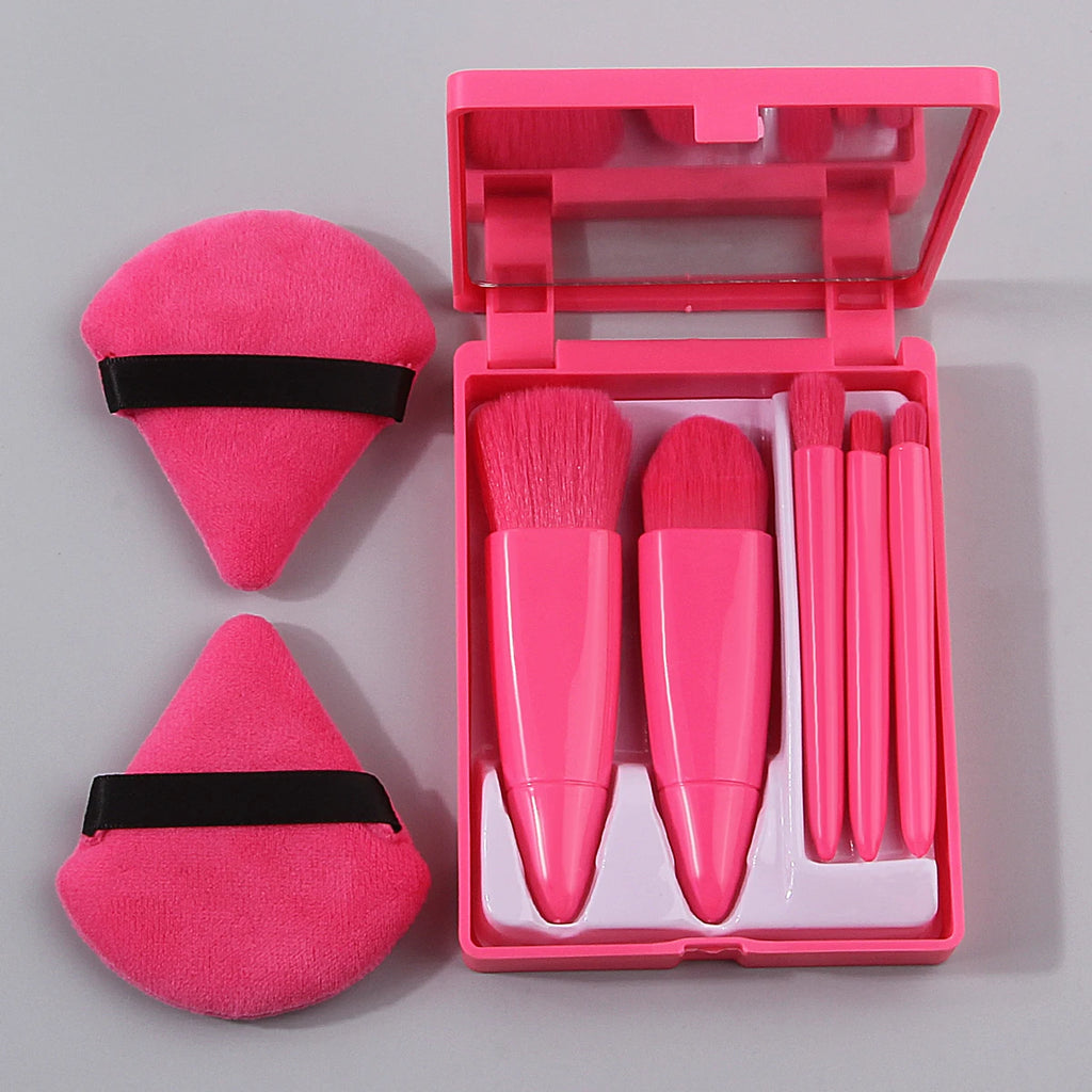 5PCS mini multi-purpose makeup brush set +2PCS triangular powder puff +1PCS portable travel beauty tool with mirror storage box Vue Rose red