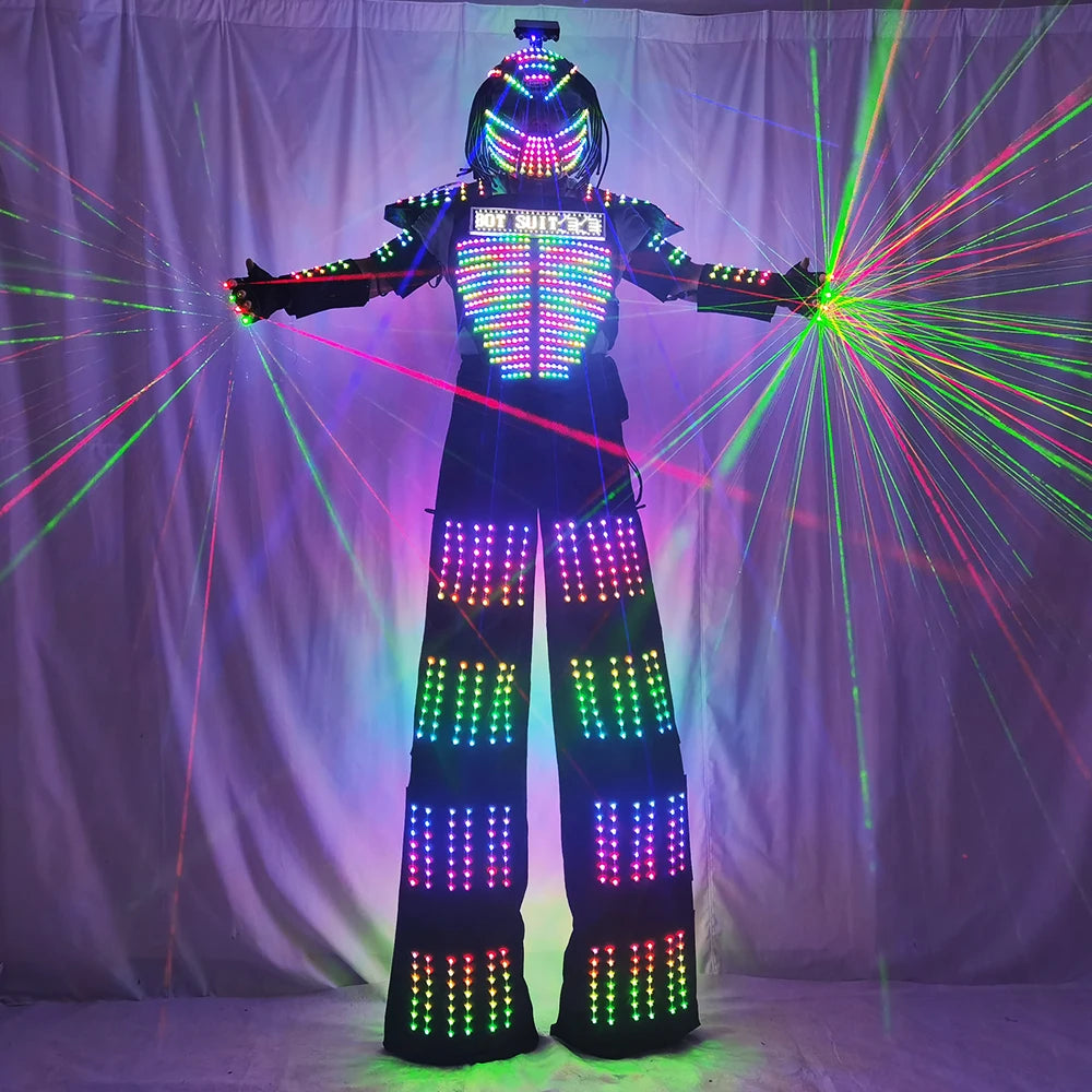 LED Robot Costume for Women Stilt Walking Light-Up Suit RGB Remote Control Glowing Outfit with LED Gloves for Party Parade Carni Vue
