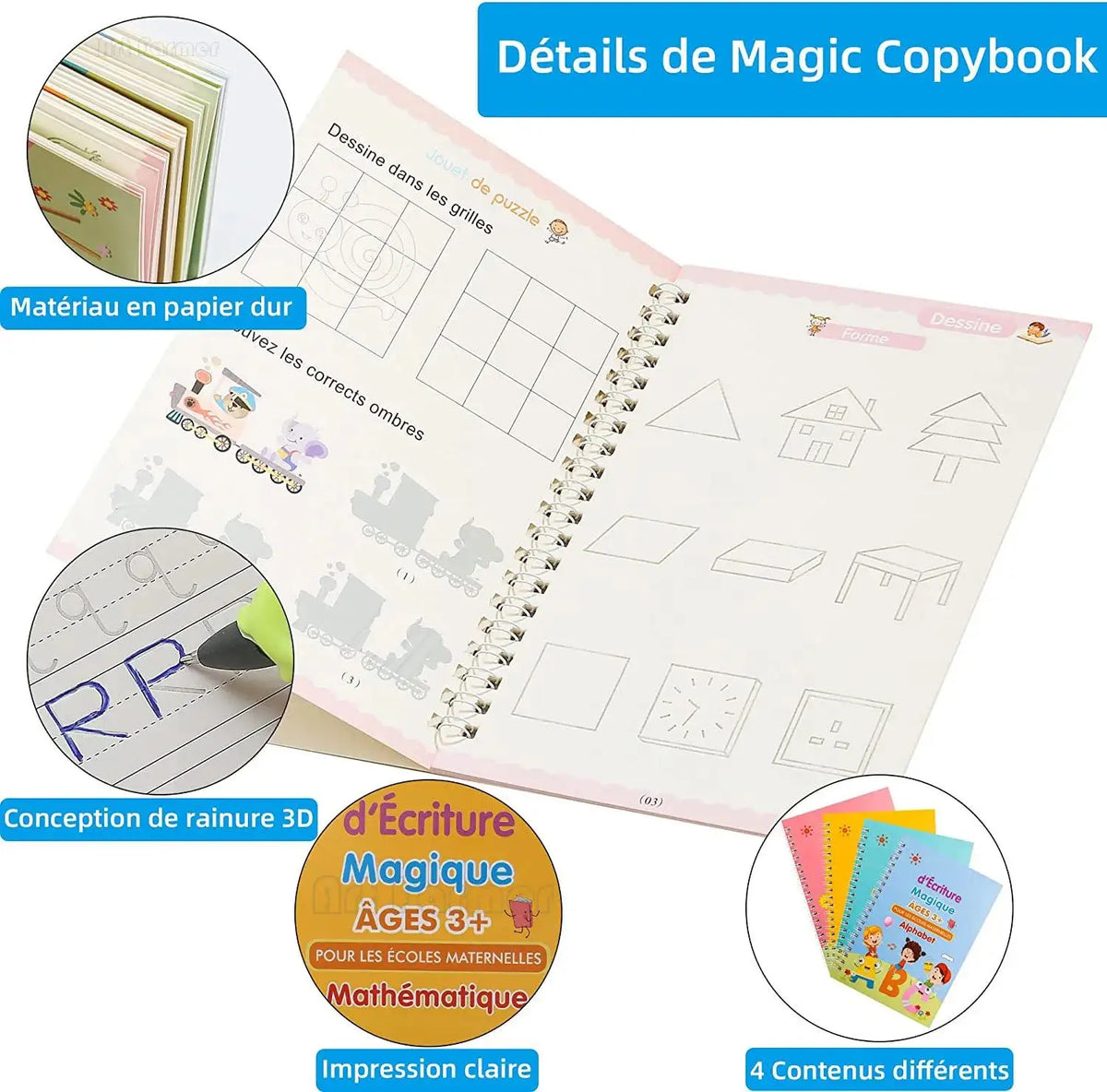French Magic Copybook for Kids Reusable Grooves Calligraphy Writing 3D Grooved Handwriting Book for Children Beginners Gifts Vue