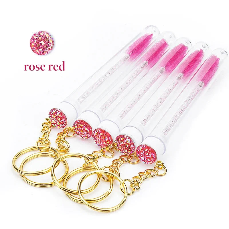 10 Pcs Eyelash Brush With Women Lash Extension Micro Comb Container Makeup Gold Keychain Glitter Wand For MascaraTools Tube Vue A0035-10PC ROSE RED Nylon