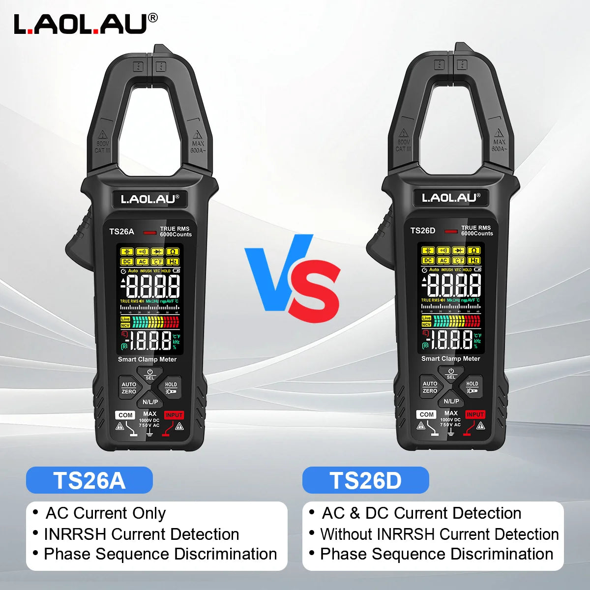 LAOLAU Digital Clamp Multimeter Phase Sequence AUTO Range Color Screen Rechargeable AC/DC Current Electric Tester TS26A TS26D Vue