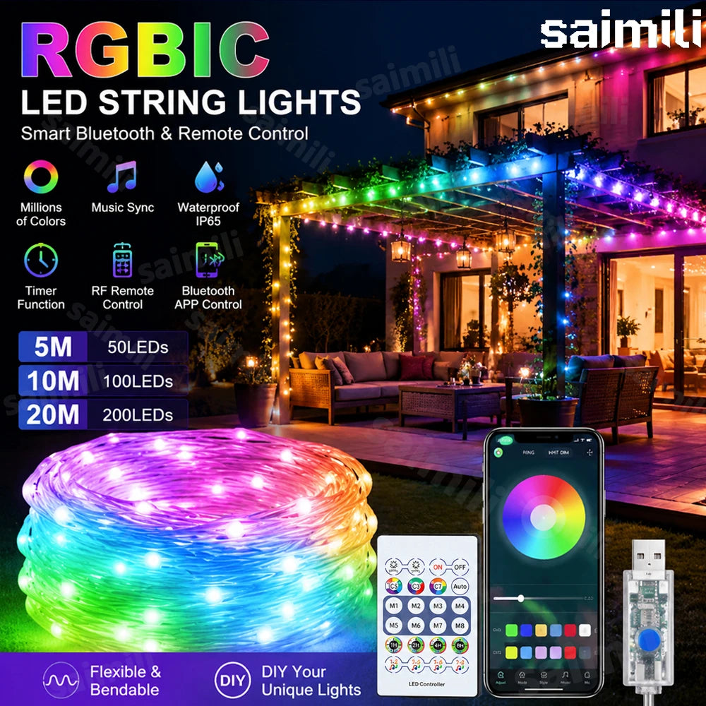 Dream Color RGBIC LED String Garland USB APP Remote Control Music Sync Fairy Lamp For Home Christmas Party Holiday Layout Decor Vue