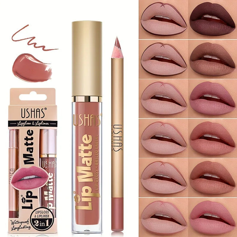 Lip Gloss and Lip Liner Set, Long-Lasting Matte Finish, Smooth and Precise Lip Liner with Non-Stick, Smudge-Proof Lip Gloss Vue
