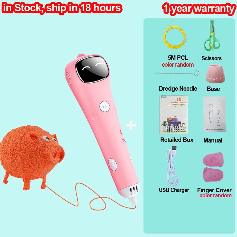 3D Printing Pen Low Temperature Built-in Battery Voice Broadcast 1.75mm PCL Filament 3D Pen Drawing DIY For Kids Grils Boys Gift Vue pink PCL Filagment