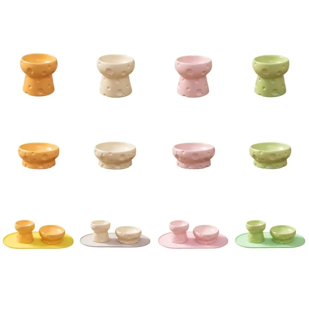 Cute Creative Large Diameter Elevated Cat Bowl Anti-knock Cheese Shape High Foot Bowl Anti-spill Ceramic Water Bowl Indoor Use Vue