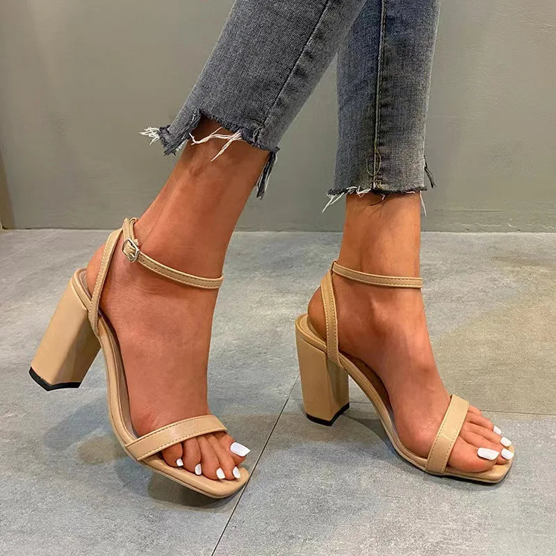 Women's Thick Block Heel Ankle Strap Sandals | Square Toe Ankle Strap Sandals Vue apricot 42