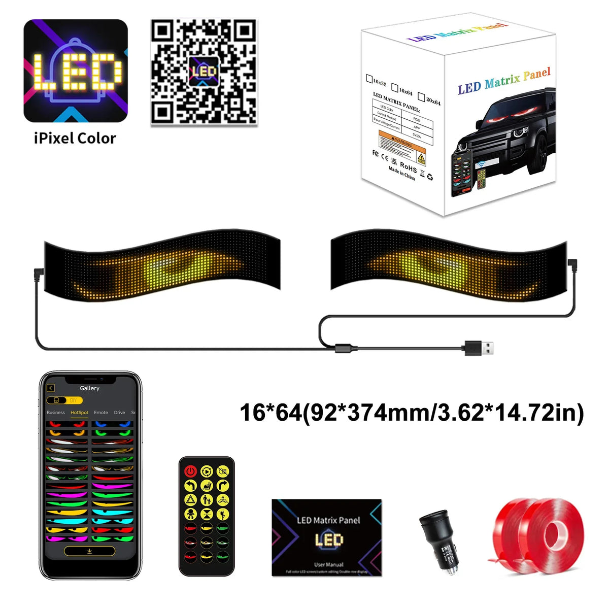 2Pack Devil Eyes Light LED Matrix Flexible Soft Screen Programmable Display App/Remote Control DIY Text for Car Truck Windshield Vue 2PCS-16x64 Pixels