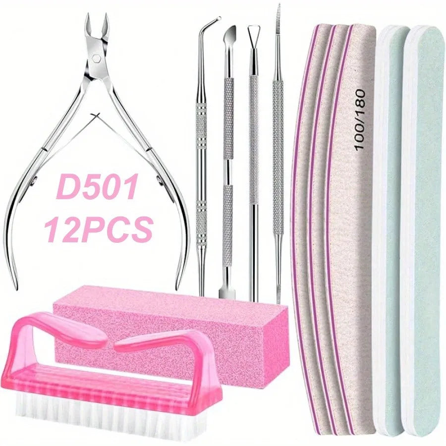 12Pcs/lot Nail Art 100/180 Grit Professional Files Buffer Sponge Block Brush Nail Scissors Kit With Cuticle Nipper Pushers Vue