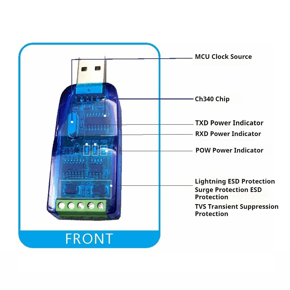 USB to RS485 Serial Adapter CH340 Industrial 5V Output 15KV ESD 600W Surge TVS Anti-Reverse Protection Adapter for Windows Linux Vue