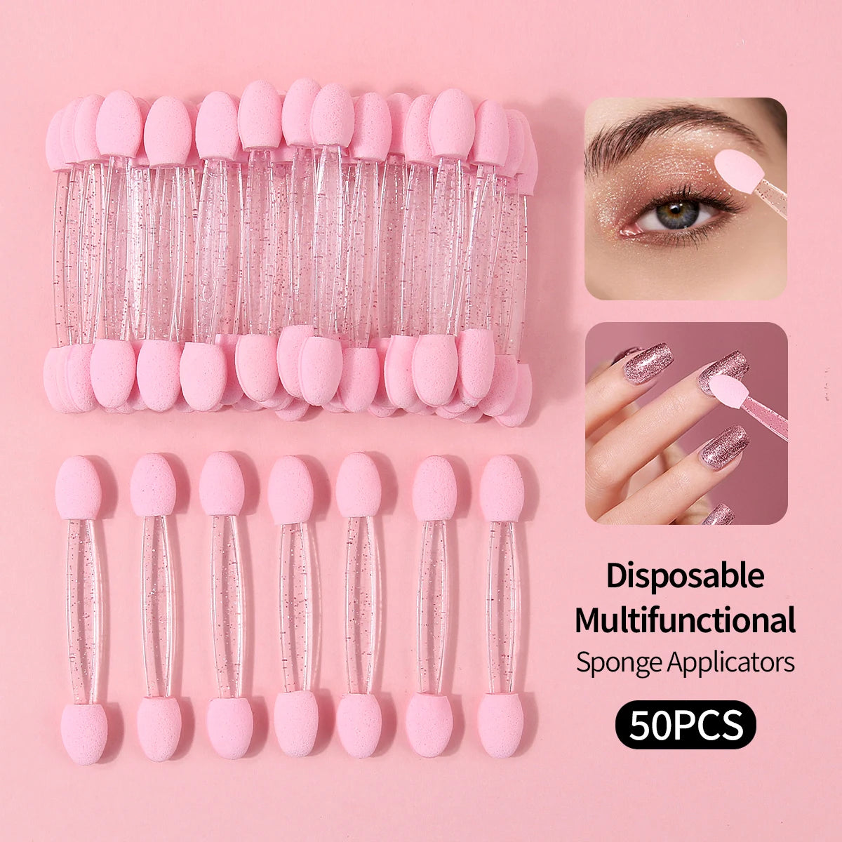 50Pcs Dual-End Sponge Eyeshadow Applicators, Reusable Blending Sticks for Eyeshadow & Nail Art Powder Rubbing Vue