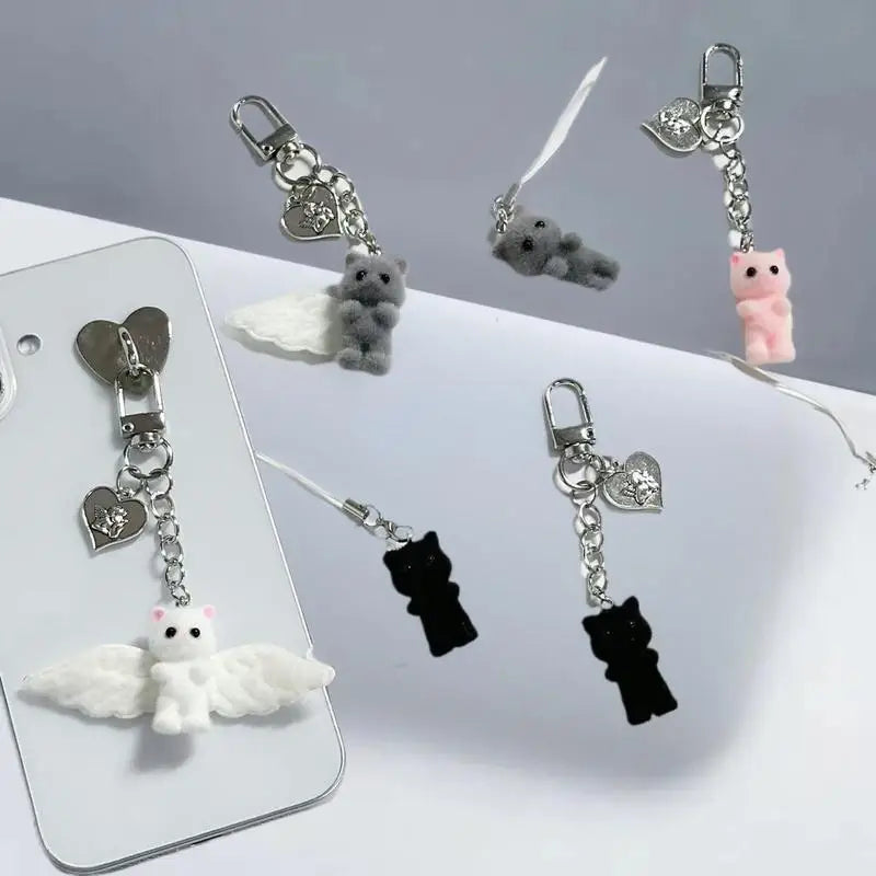 Cute Flocked Angel Wings Cat Keychain Kawaii Heart Phone Chain Anti-Lost Lanyard Bag Decor Gift Vue