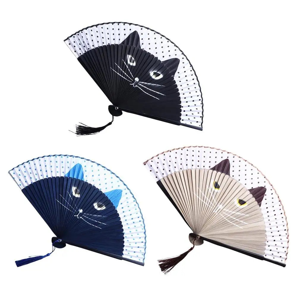 1 Pcs Chinese Style Handmade Bamboo Wooden Cartoon Cat Patterns Fan Crafts Folding Fan Silk Fan Home Decoration Abanicos De Mano Vue
