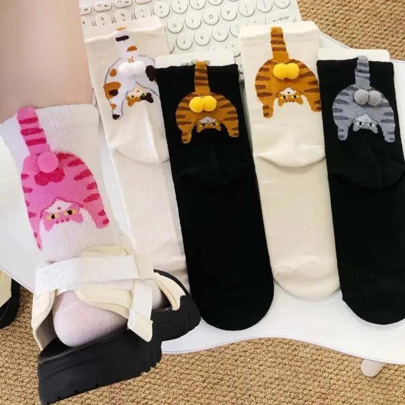 1-10Pairs Women 3D Cat Pattern Mid Calf Socks with Tail Soft Breathable Fashionable Casual Party Daily Birthday Gift Vue