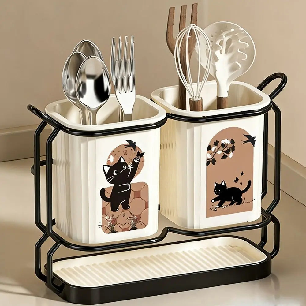 Cute Cat Kitchen Storage Basket Durable Organizer Cutlery Holder Standing No-drill Tableware Drainer Household Vue