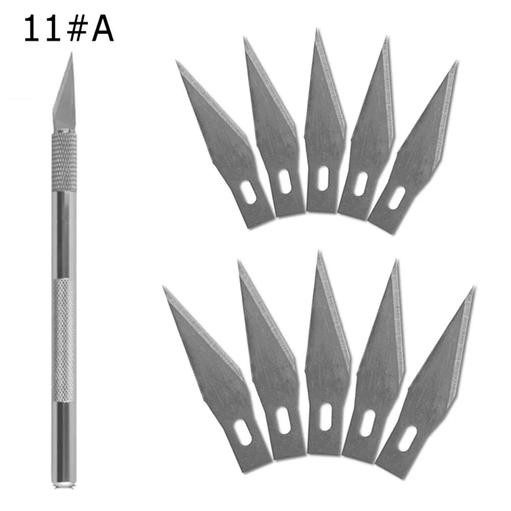 vvocci Non-Slip Engraving 10pcs Metal Knife Kit + 40 Blades Cutter Craft Knives #11 for Mobile Phone PCB Repair Hand Tools Vue M264 1set-Silver
