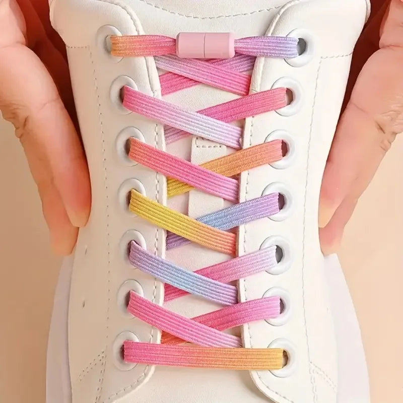New 1Pair No Tie Shoe Laces Colorful Buckle Shoelaces Pearl Light Colorful Fashion Without Ties Elastic Laces Sneaker Kids Adult Vue Pink Rainbow-1 pair
