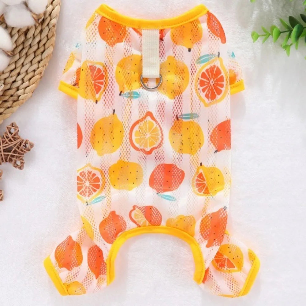 Cute Thin Breathable Pet Cooling Jumpsuit Mesh Fruit Pattern Pet Four Legged Clothes Comfortable Dog Sunscreen Clothing Outdoor Vue Yellow-4XL