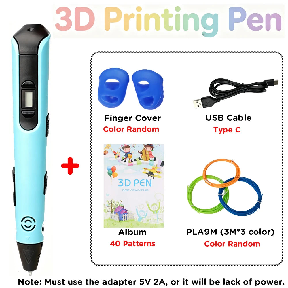New 3D Printing Pen 1.75mm PLA Children 3D Pen Type C Cable 0.7mm Diameter Material Kids DIY Drawing Pen Boy Girl Birthday Gifts Vue Blue 9M PLA set PLA Filagment