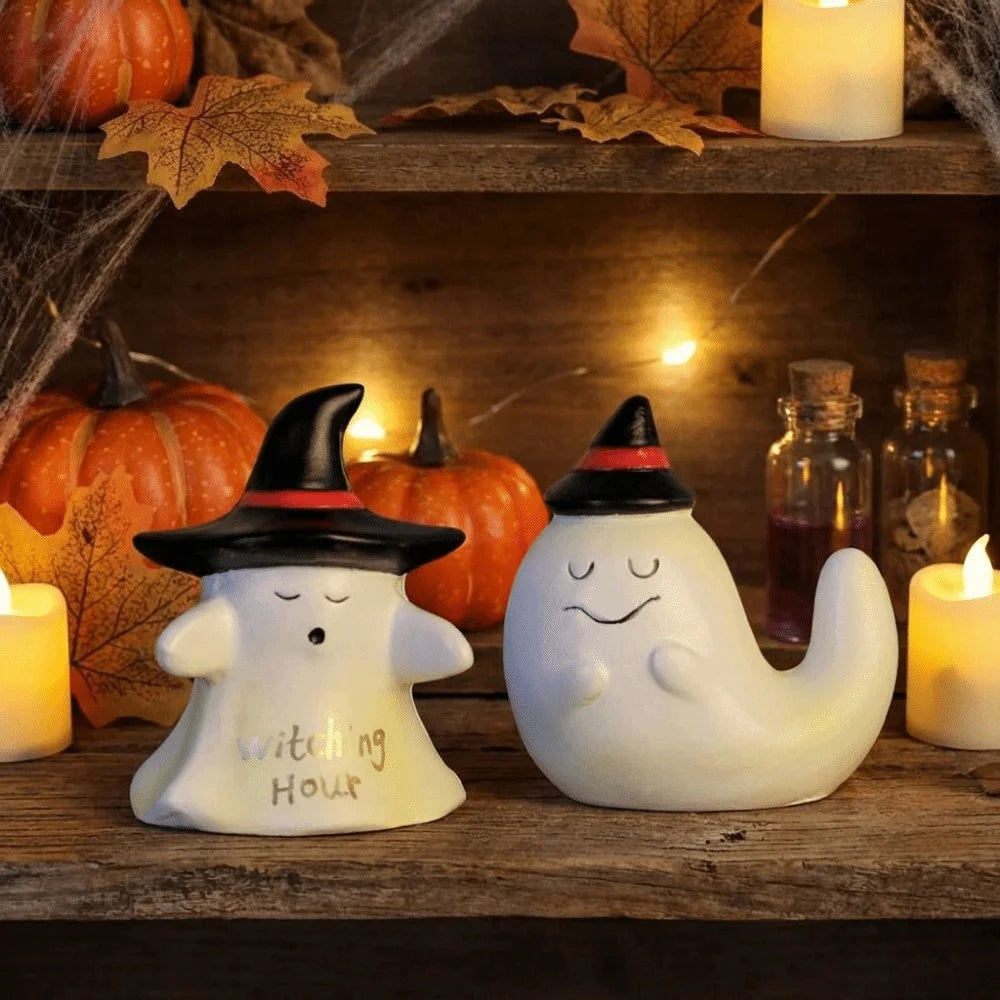 Creative Resin Halloween Ghost Figurine Cute Decorative Ghost Witch Hat Figurine Mini Spooky Resin Statue Dining Table Vue