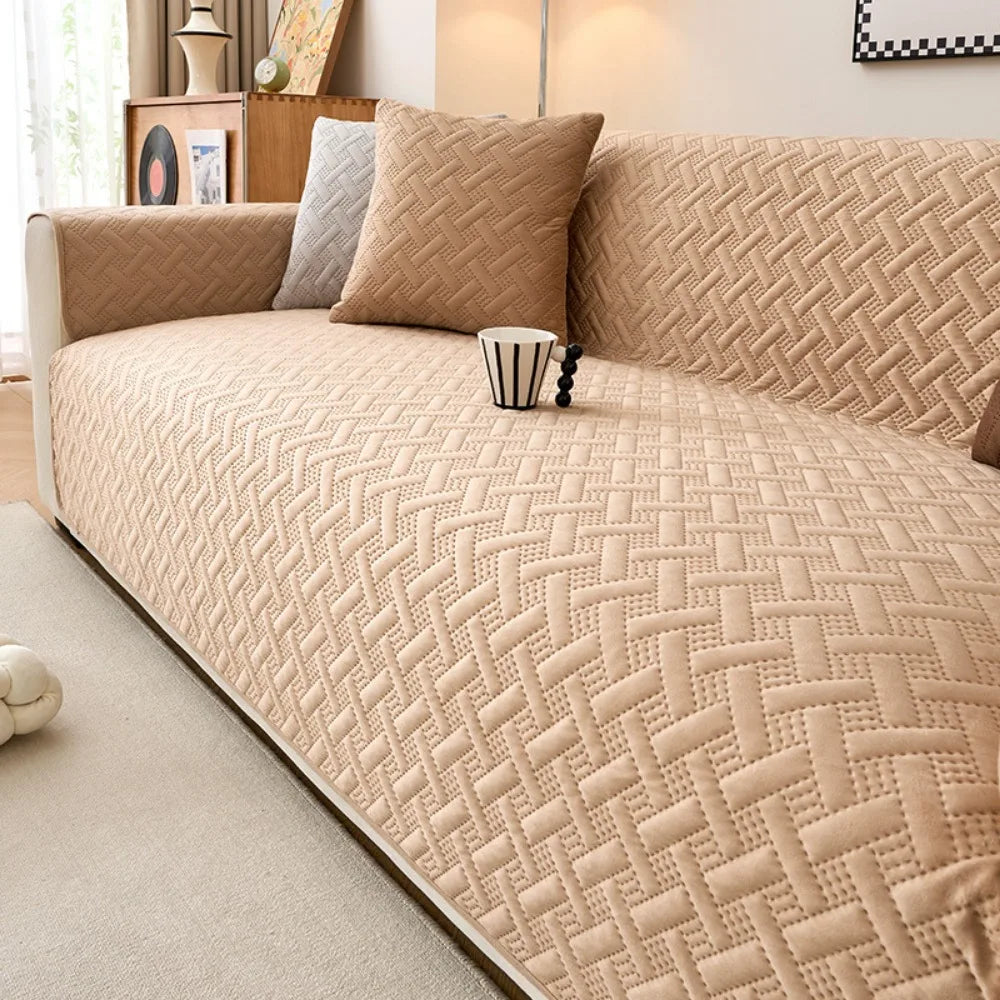 Non-slip Design Dutch Velvet Sofa Cover Striped Pattern Anti Slip Full Cover Sofa Cover Dirt Resistant Stretch Fabric Vue Khaki 90-160cm