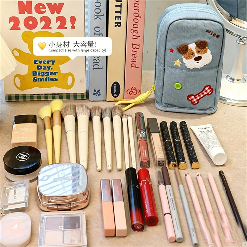 Kawaii Stand-Up Makeup Brush Storage Bag Large Capacity Animal Embroidery Denim Corduroy Cosmetic Tools Organizer with Dividers Vue