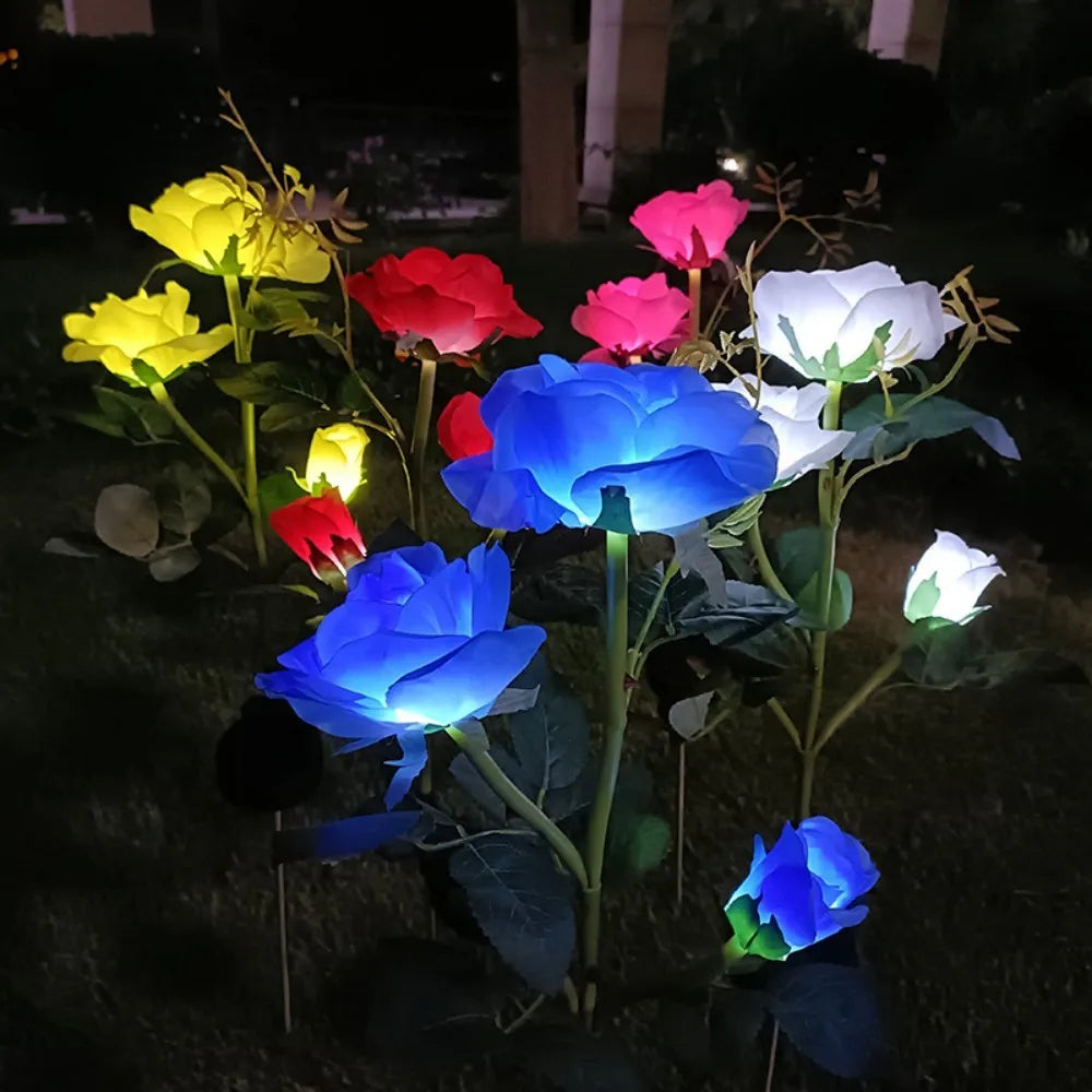 1PC Solar 3 Heads Rose Lights,Outdoor Artificial Flower LED Garden Lamp,Waterproof Landscape Stake Light,Patio Yard Home Decor Vue
