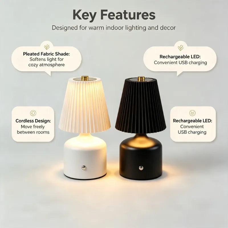 Cordless LED Fabric Table Lamp, Rechargeable Pleated Shade Nightstand Light for Hotel Bar Home Decor Vue