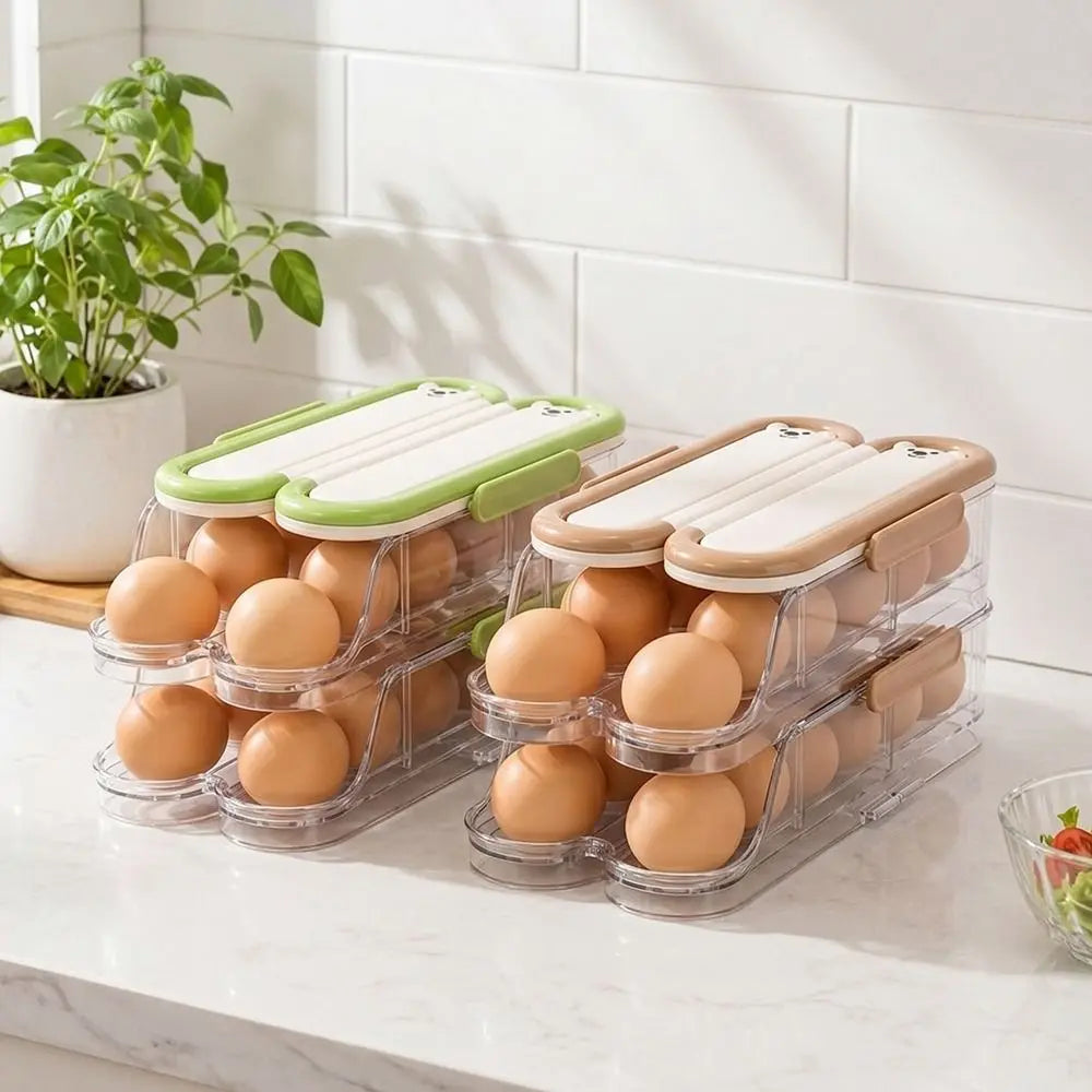 Food Grade Automatic Rolling Egg Container Transparent Large Capacity Large Egg Holder Stackable with Lid Refrigerator Egg Rack Vue