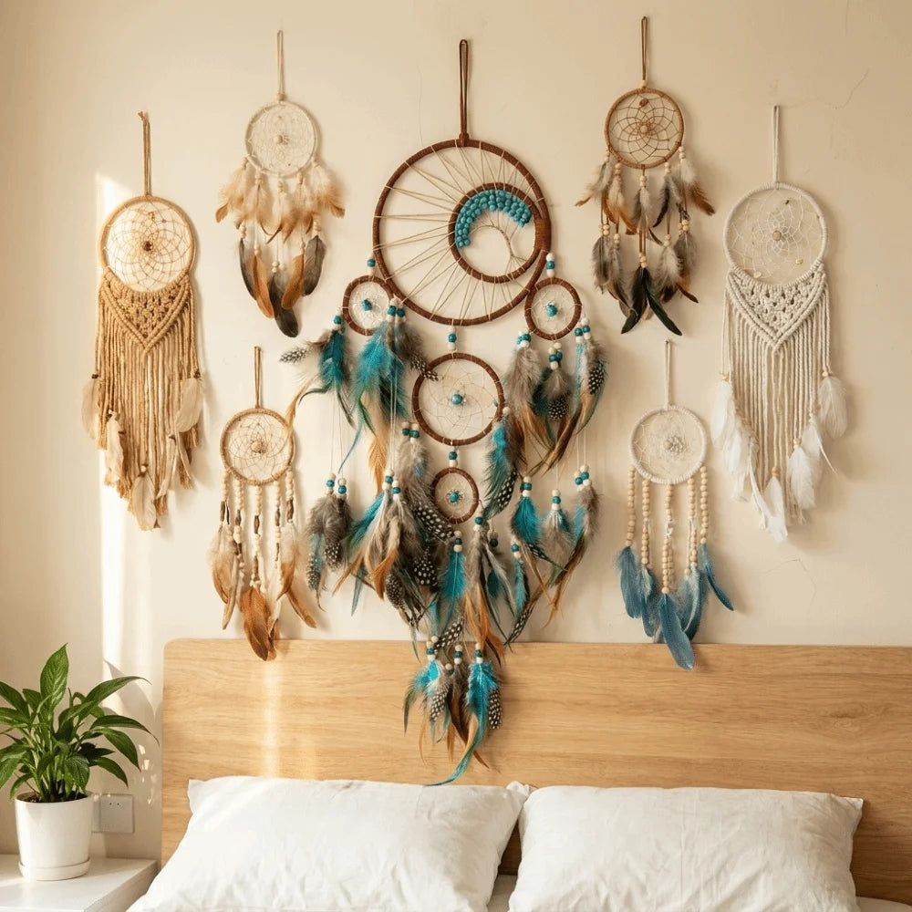Hanging Pendant Boho Style Vintage Dream Catcher Handmade Decorative Vintage Wind Chime with Feather Hanging Ornament Home Vue