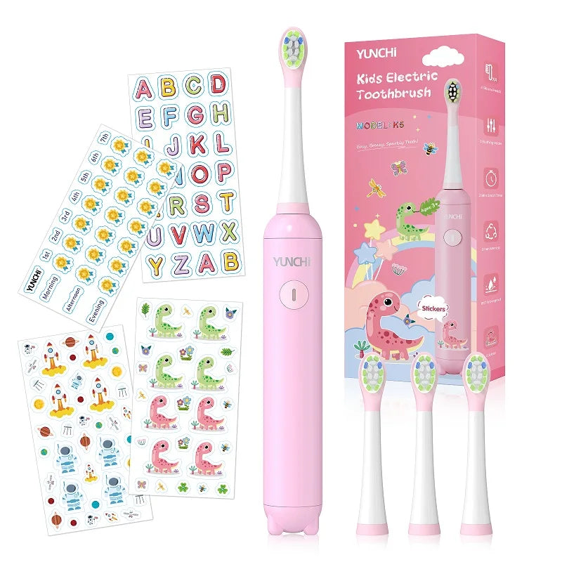 Kids Rechargeable Electric Toothbrush with Waterproof Stickers IPX7 2 Min Timer Toothbrush With Replacement Head Vue PK