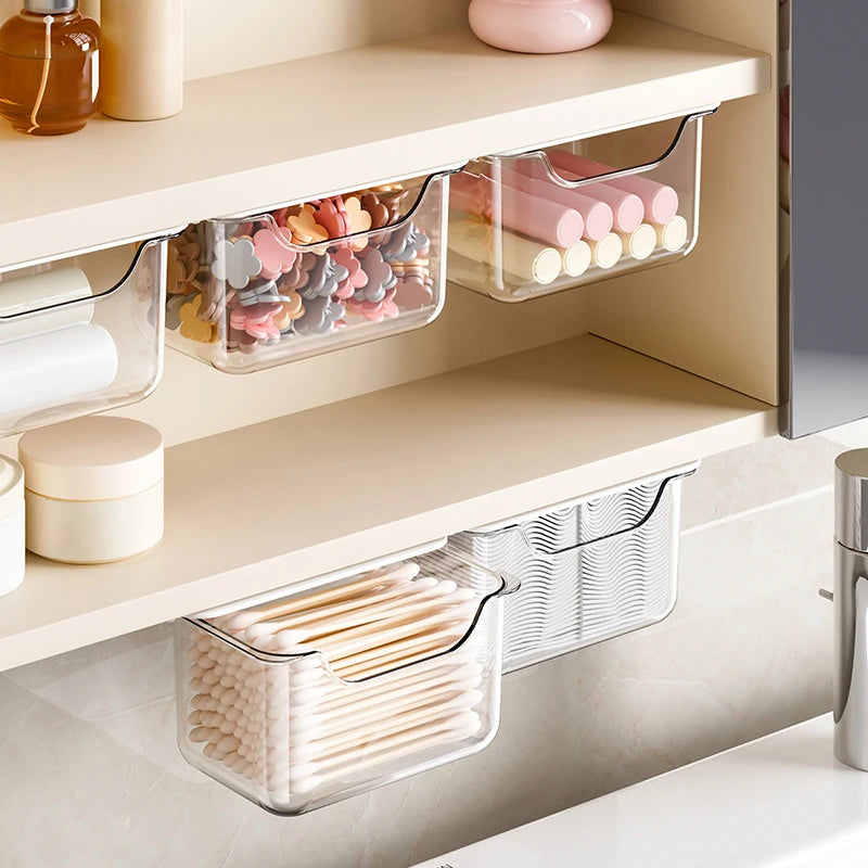 1PCS Drawer Style Storage Box Under The Mirror Cabinet Transparent Bathroom Cotton Stick Makeup Cotton Bathroom Pull-Out Storage Vue
