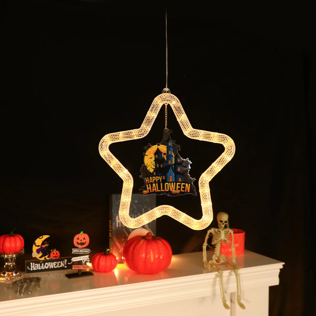 Warm White Star Shaped Halloween Window LED Light, Suction Cup Decor Lamp for Indoor Wall Home Halloween Party Decoration Vue Style D 1ps