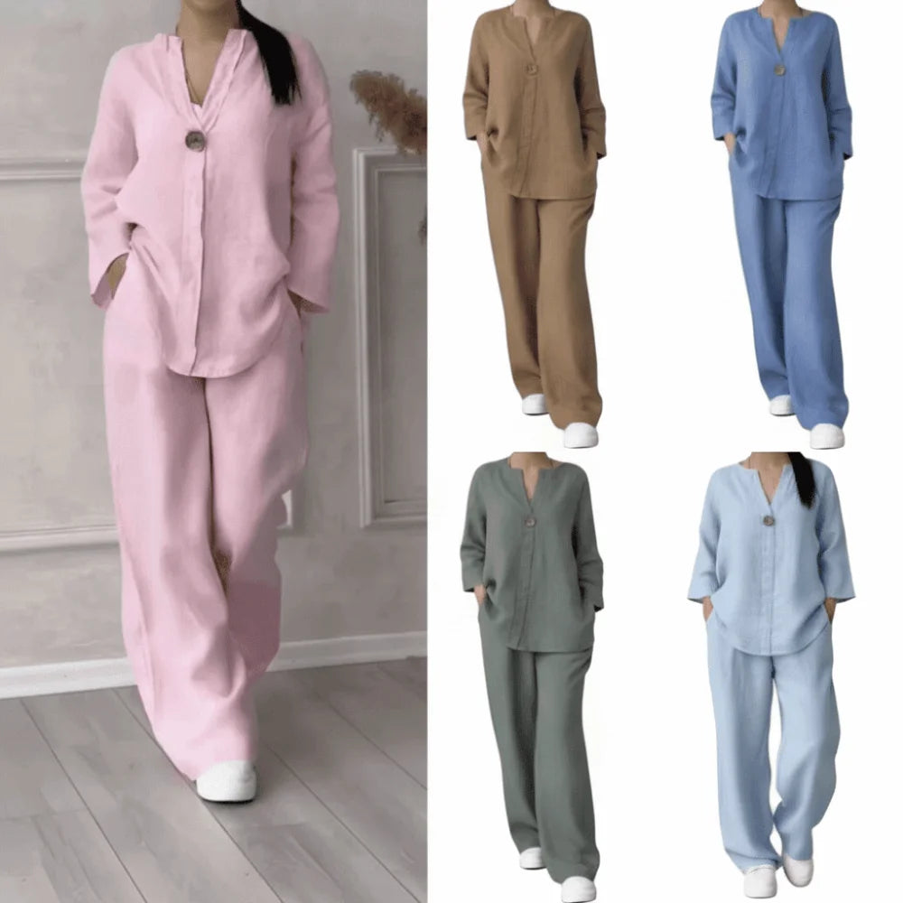Fashion V Neck Women Two Short Sleeve Button Front Pants Pocket