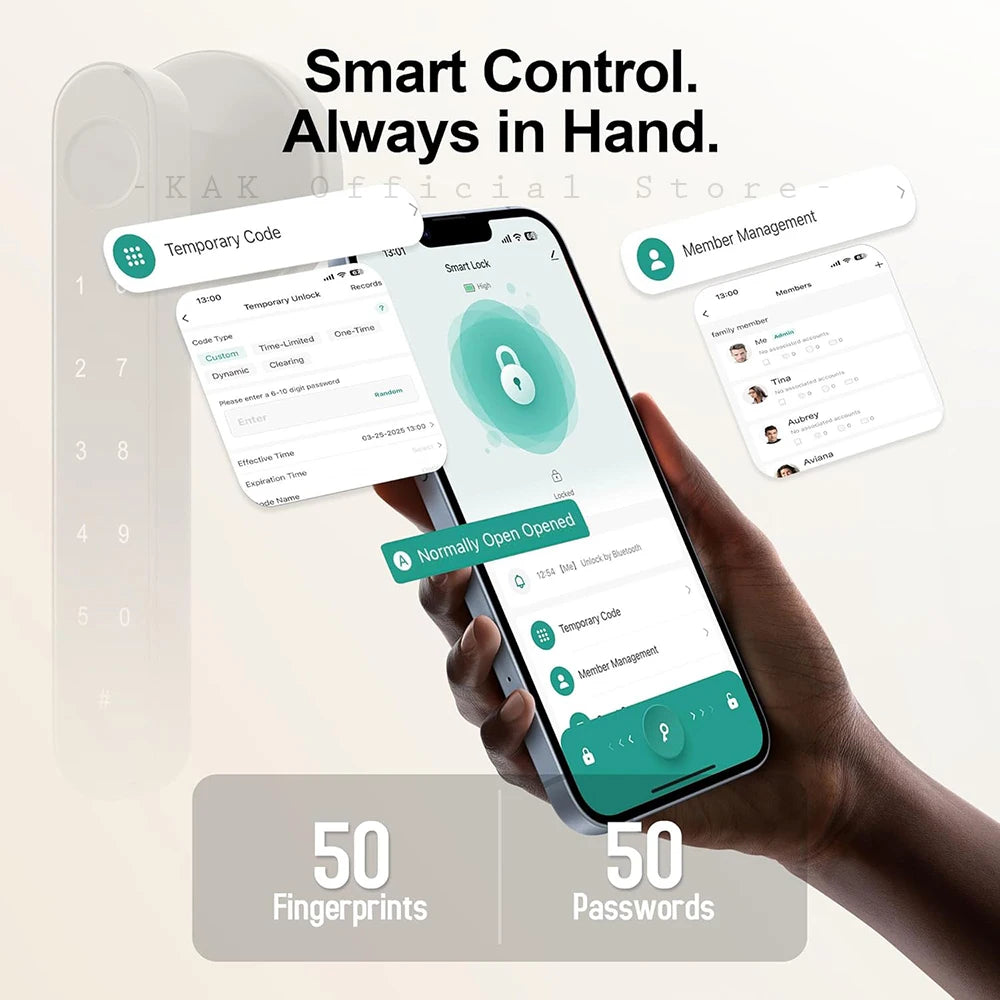 KAK Tuya Handle Fingerprint Key Card Digital Smart Door Lock Keypad Key Entry Electronic Lock 180 Days Super Long Standby Time Vue