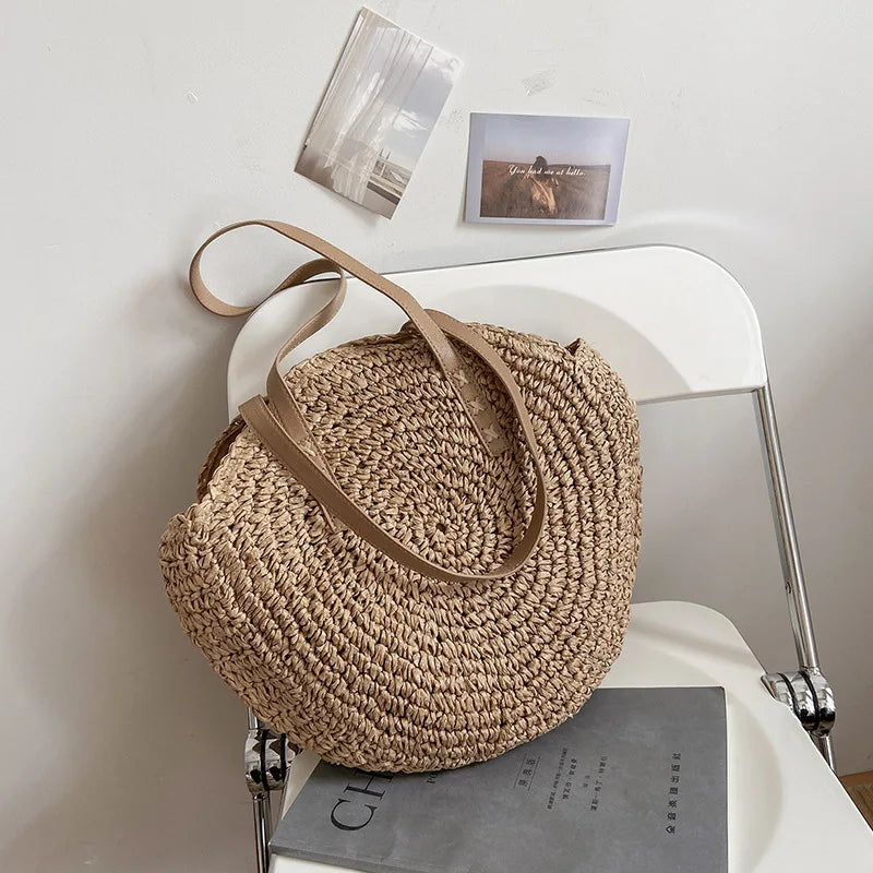 Summer Round Straw Bags for Women Rattan Shoulder Bag Travel Handmade Woven Beach Handbags Female Large Capacity Totes Bag Vue Khaki 43x2x38cm
