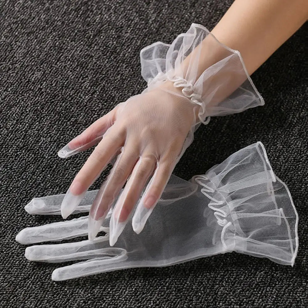 Elastic Transparent Women Tulle Gloves Ultra Thin Short Gauze Lace Vue White