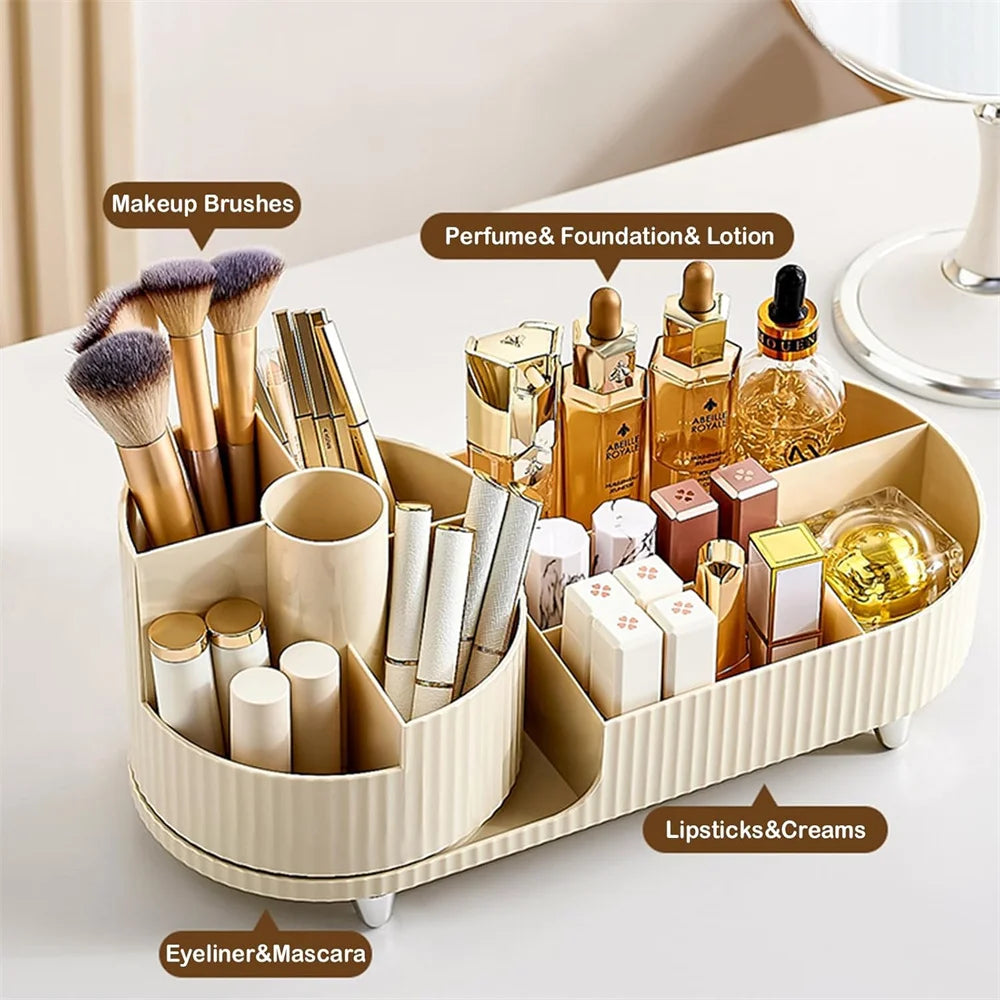 360° Rotating Makeup Organizer for Vanity with Brush Holder, Cosmetic Makeup Storage Organizer, Large Spinning Makeup Organizer Vue