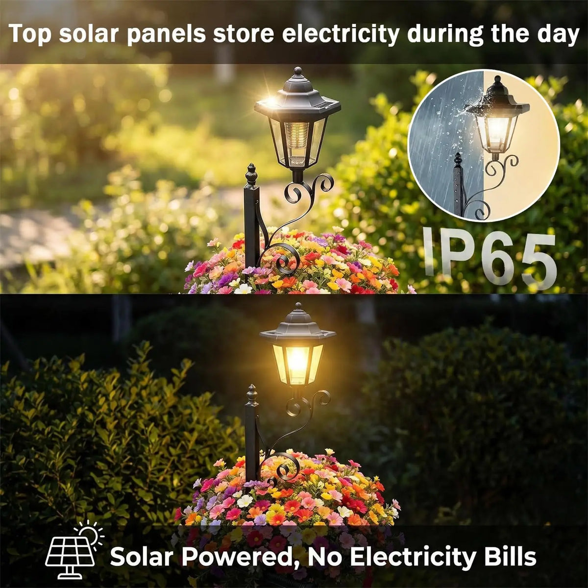 Wrought Iron Solar Lamppost with Planter Waterproof Outdoor Floor Stake Light for Garden Patio Walkway Landscape Ambiance Decor Vue
