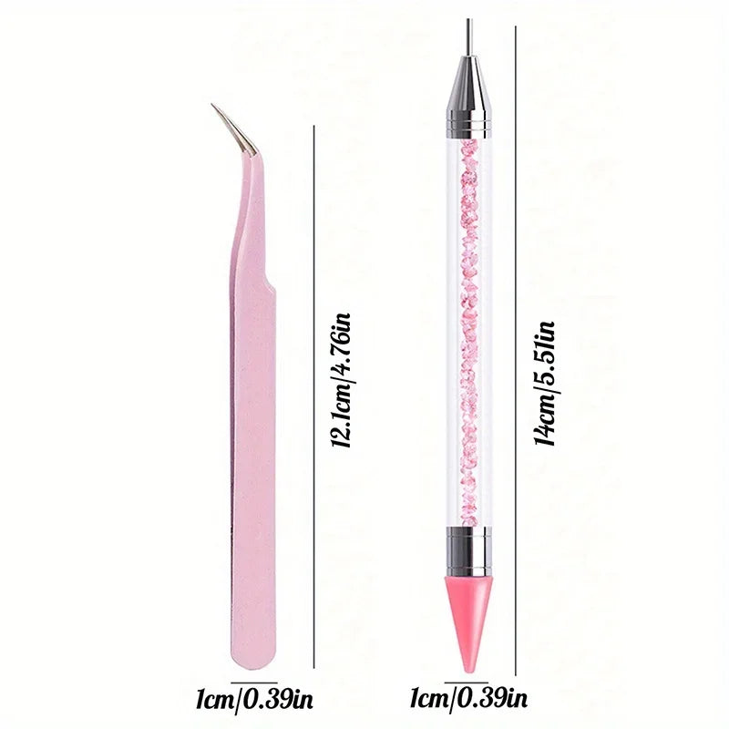 2Pcs set of manicure double-ended diamond pens with crayons stainless steel tweezers nail art grafting eyelashes manicure tools Vue