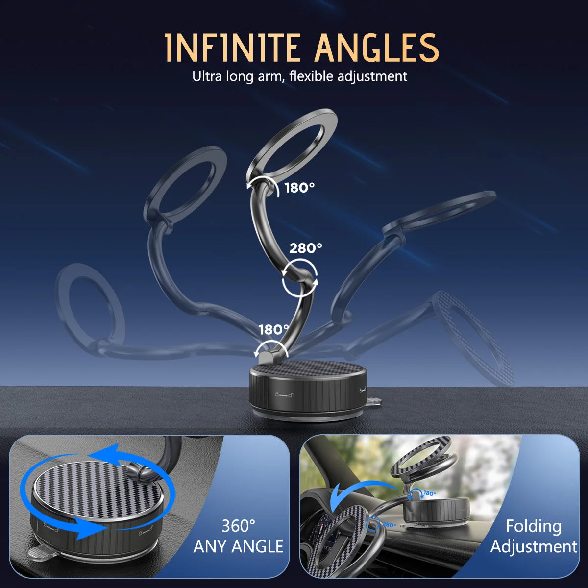 Car Magnetic Suction Cup Stand S-Shaped Foldable Adjustable Angle for Phones 360 Rotation Desk Dashboard Mount Home Travel Use Vue