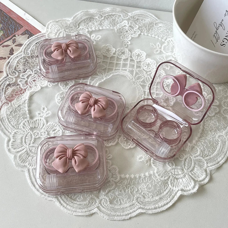 1Set Transparent Love Bow Contact Lens Case Contact Lens Cases Girl Portable Beauty Pupil Box Storage Eye Care Container Box Vue
