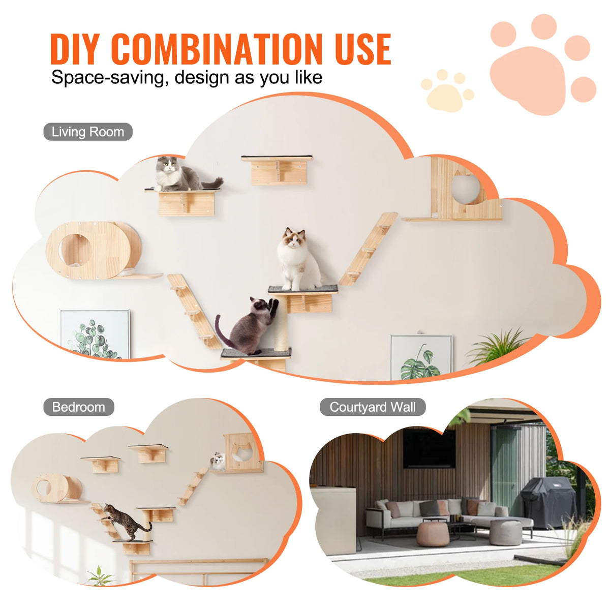 Wall-Mounted Cat Shelves with Hammocks, Perches & Cat Tree Cat Wall Shelf Set Vue