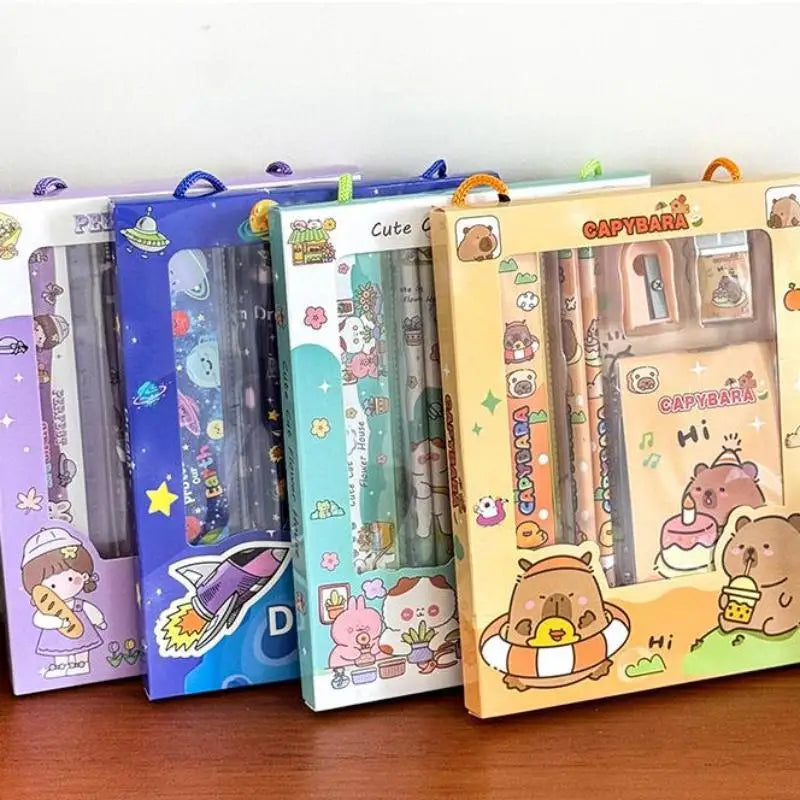 6Pcs/Set Cute Cartoon Capybara Pencil Stationery Set Kawaii Eraser Pencil Sharpener Children Student Stationery Supplies Vue