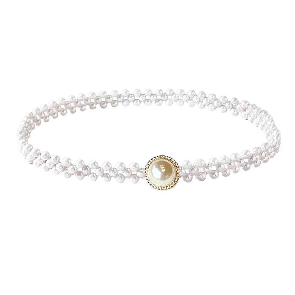 Pearl Beads Waist Chain Stretch Elastic Band Thin Narrow Waistband Vue C